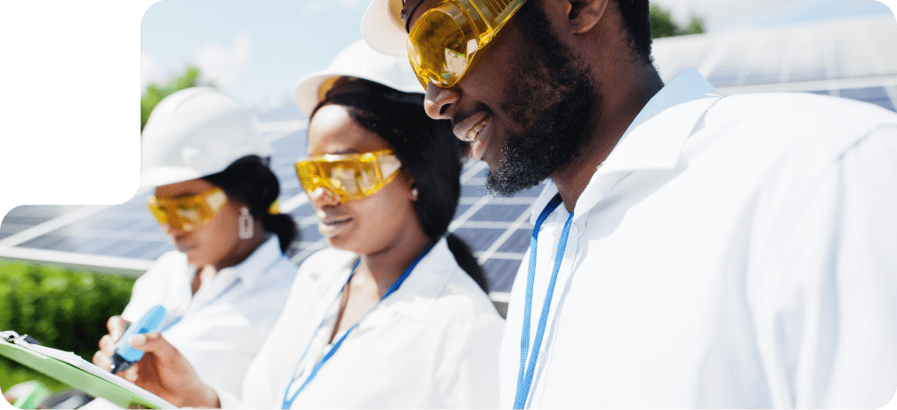 Man and woman wearing safety goggles